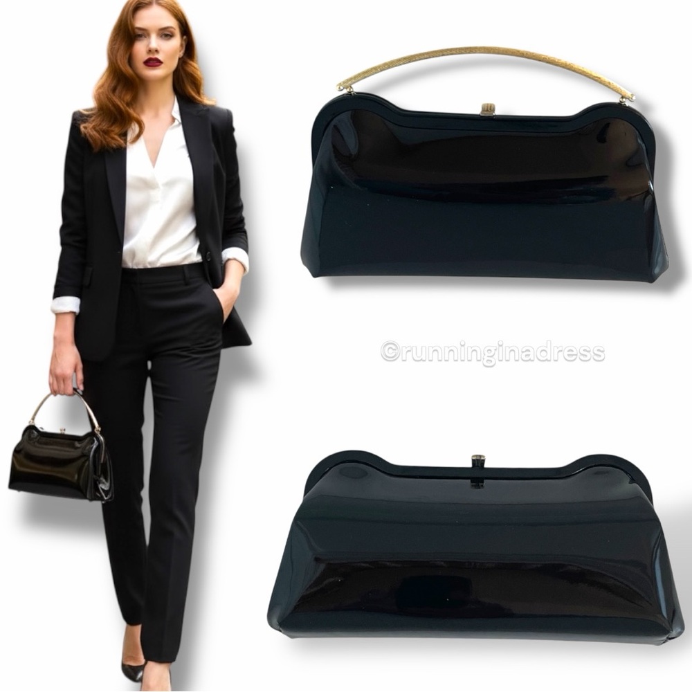 Vintage 1960s Ande Black Patent Leather Gold Top Handle Clasp Lock Clutch